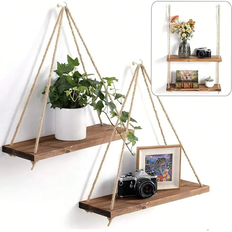 1PC Wooden Swing Hanging Hemp Rope Wall Shelve