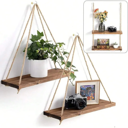 1PC Wooden Swing Hanging Hemp Rope Wall Shelve