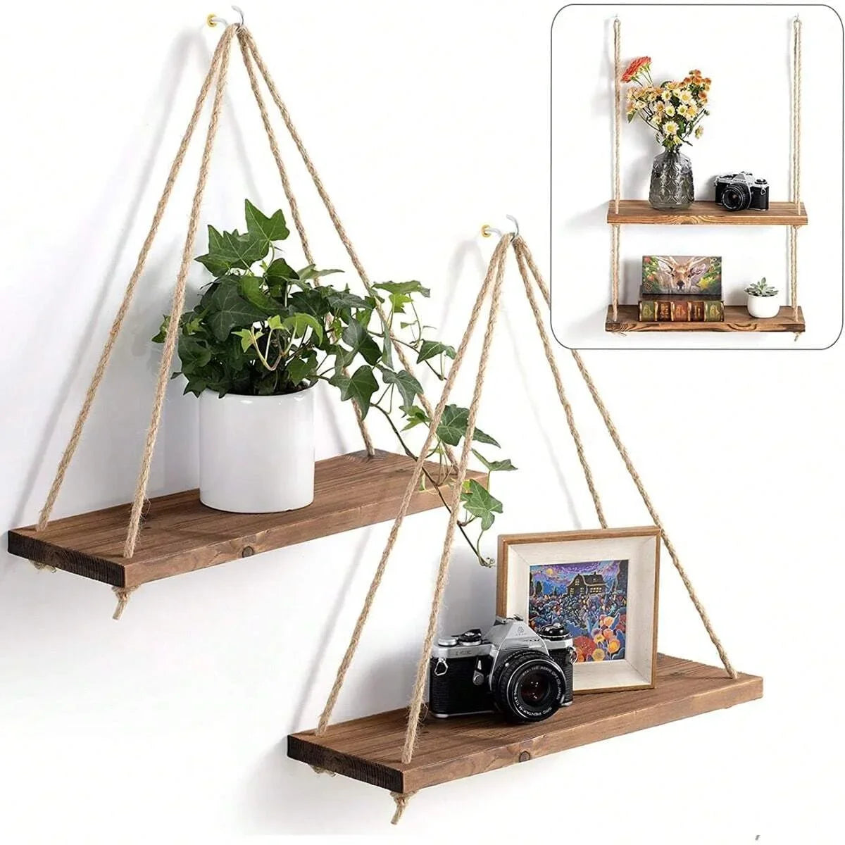 1PC Wooden Swing Hanging Hemp Rope Wall Shelve
