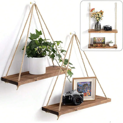 1PC Wooden Swing Hanging Hemp Rope Wall Shelve